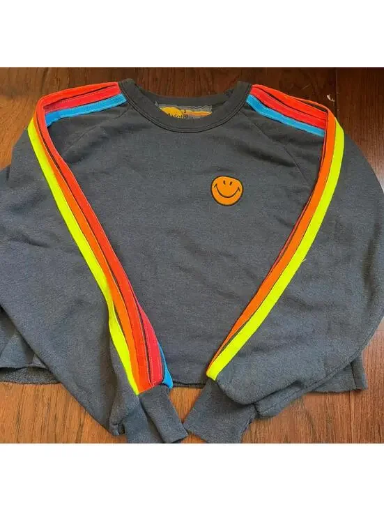 Aviator Nation Smiley Face Cropped Sweatshirt with Neon Stripes Small - Picture 5 of 5